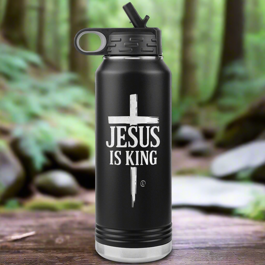 Black insulated water bottle with &