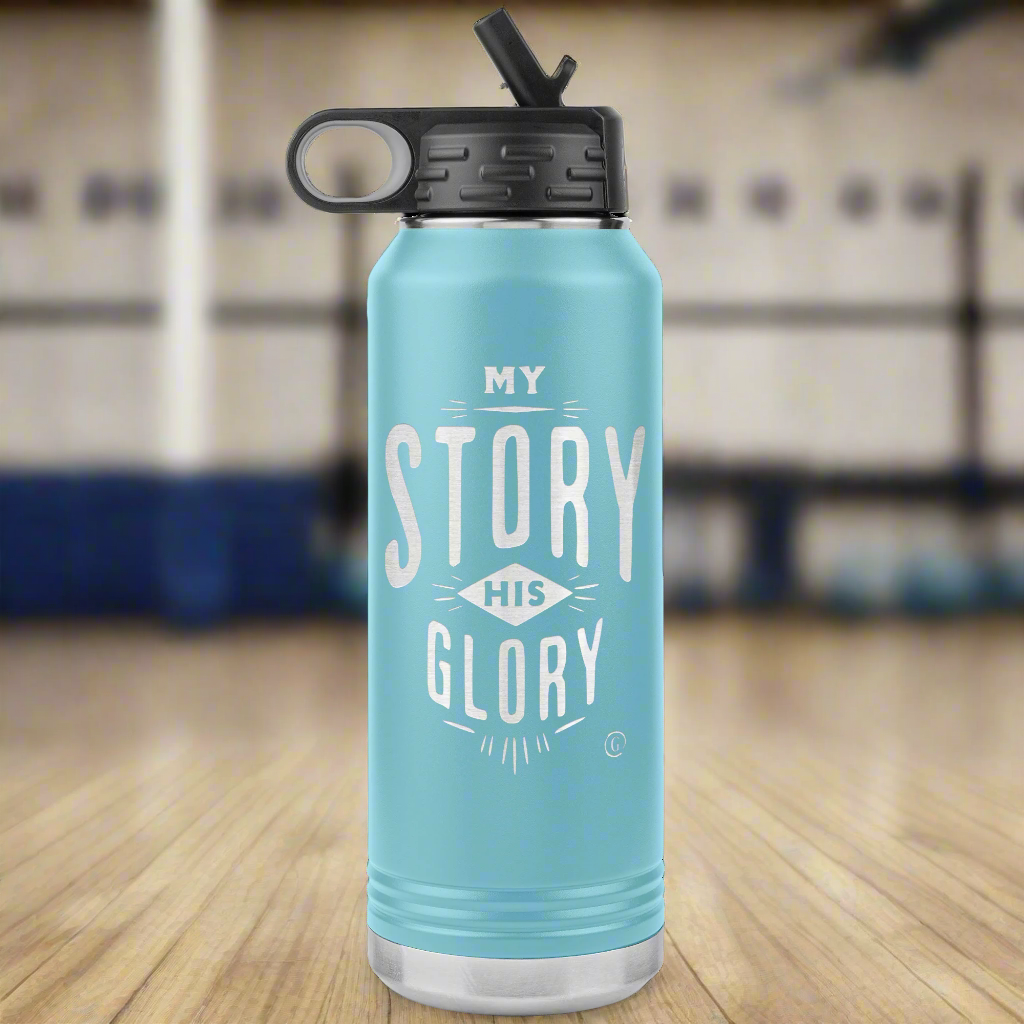 A red insulated water bottle with &