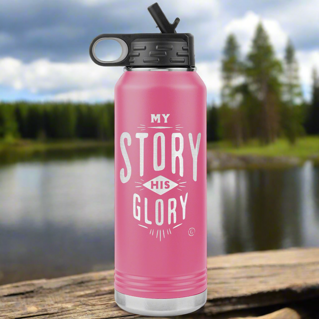 A red insulated water bottle with &
