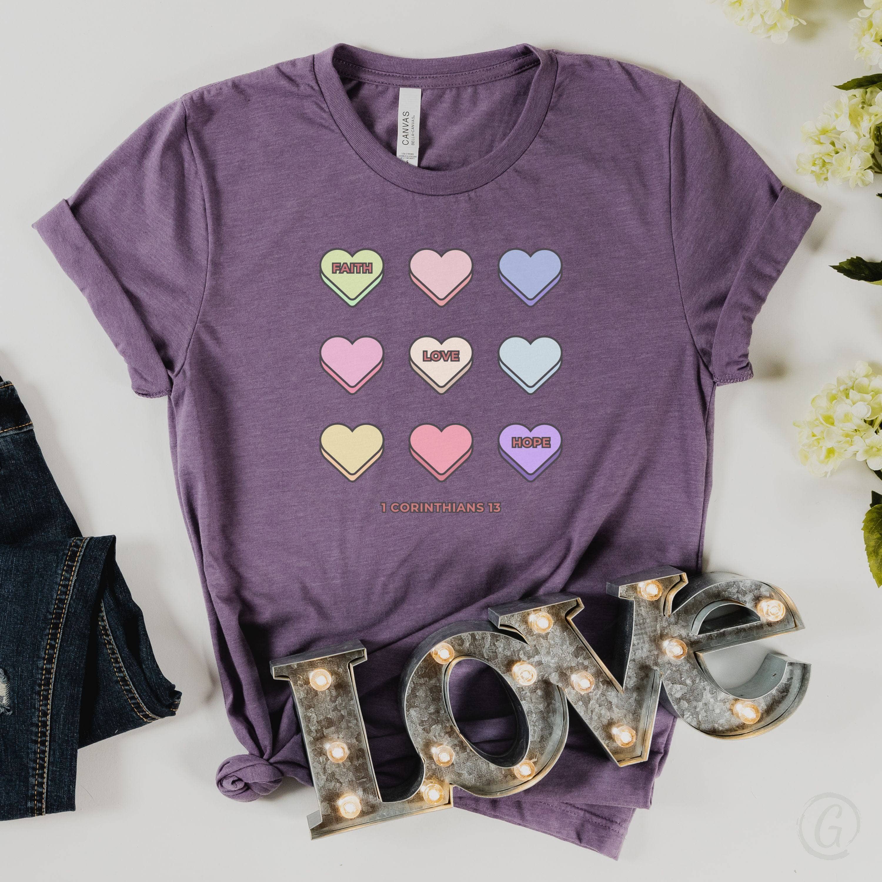 Faith Hope Love Conversation Hearts Unisex T-Shirt Heathers Heather Purple