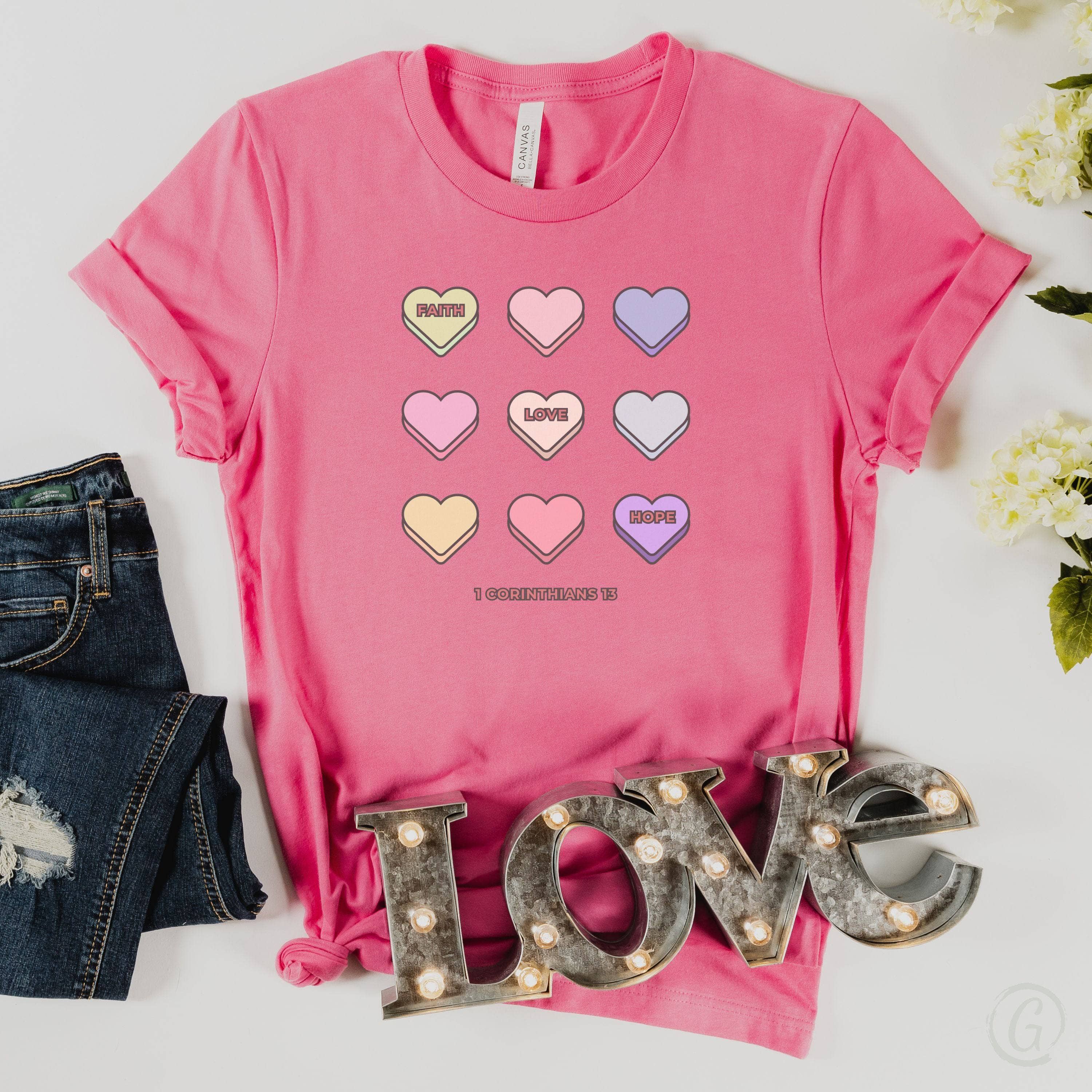 Faith Hope Love Conversation Hearts Unisex T-Shirt Heathers Heather Charity Pink