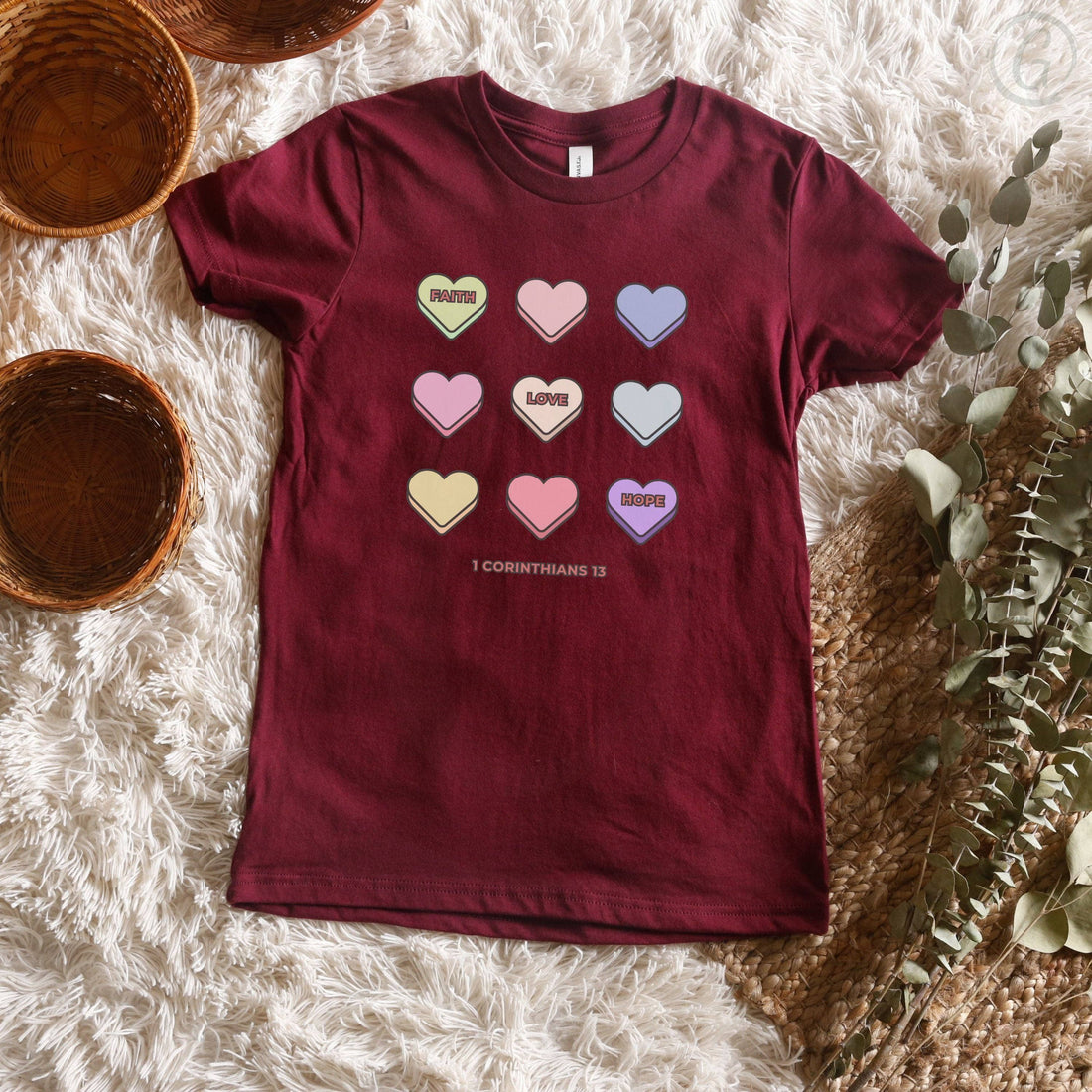 Faith Hope Love Conversation Hearts Youth T-Shirt Maroon