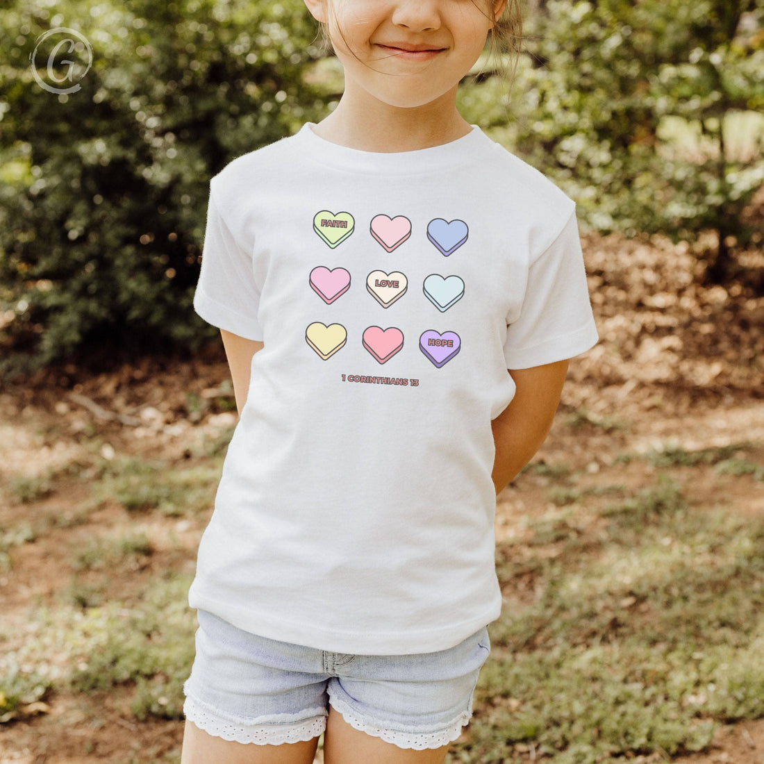 Faith Hope Love Conversation Hearts Youth T-Shirt White