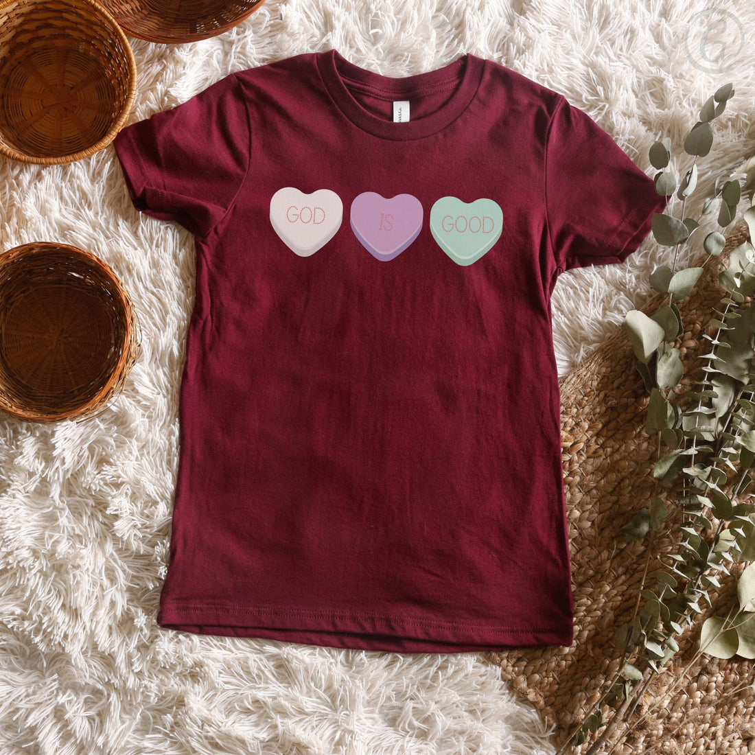 God Is Good Conversation Hearts Youth T-Shirt Maroon