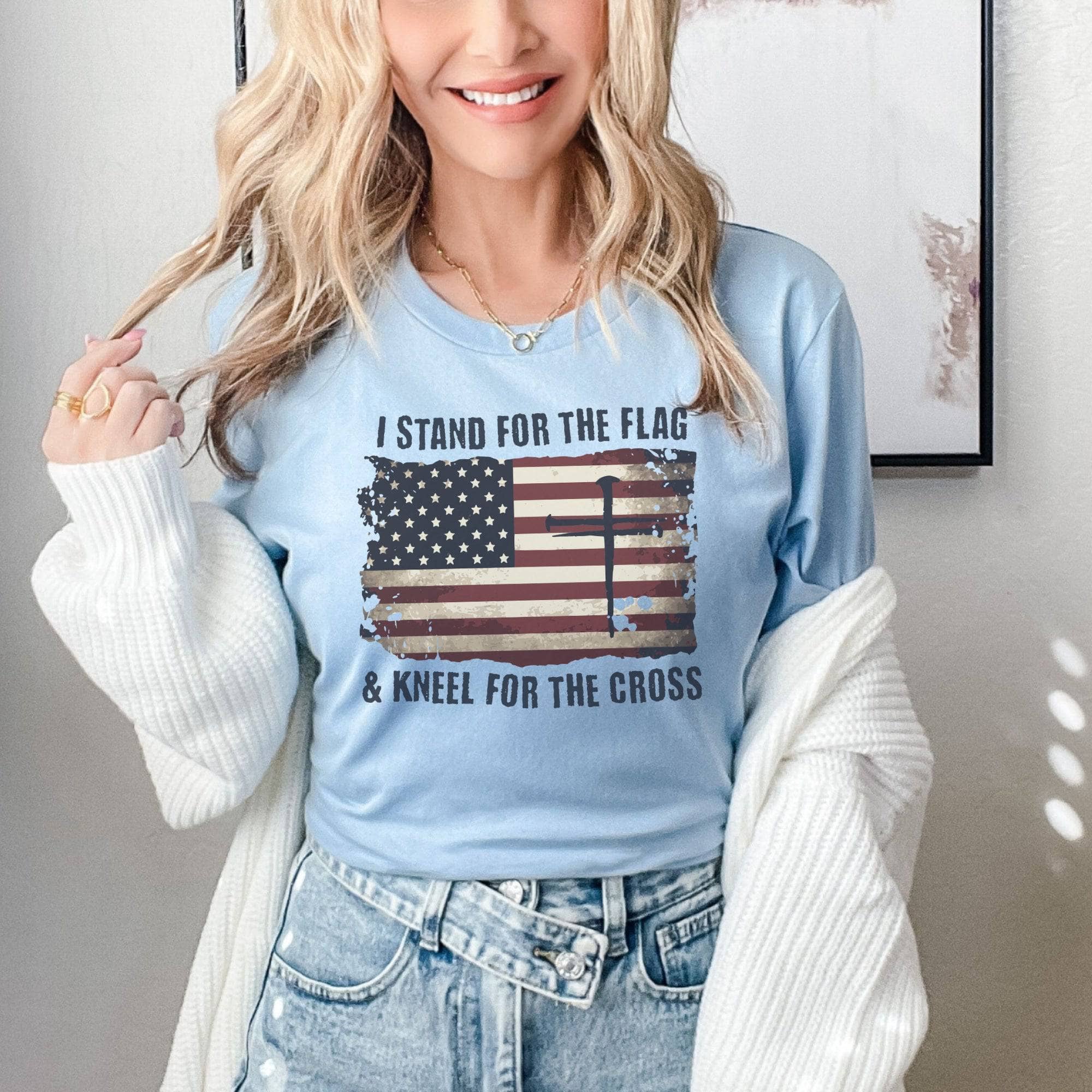 I Stand For The Flag &amp; Kneel For The Cross Unisex T-Shirt Classics Baby Blue