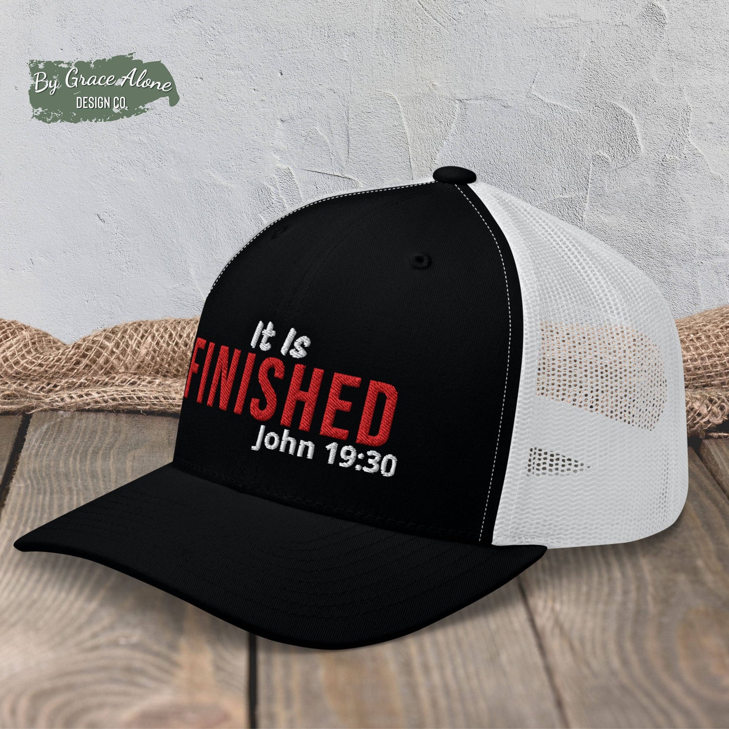 It Is Finished John 19:30 Trucker Hat Black/ White