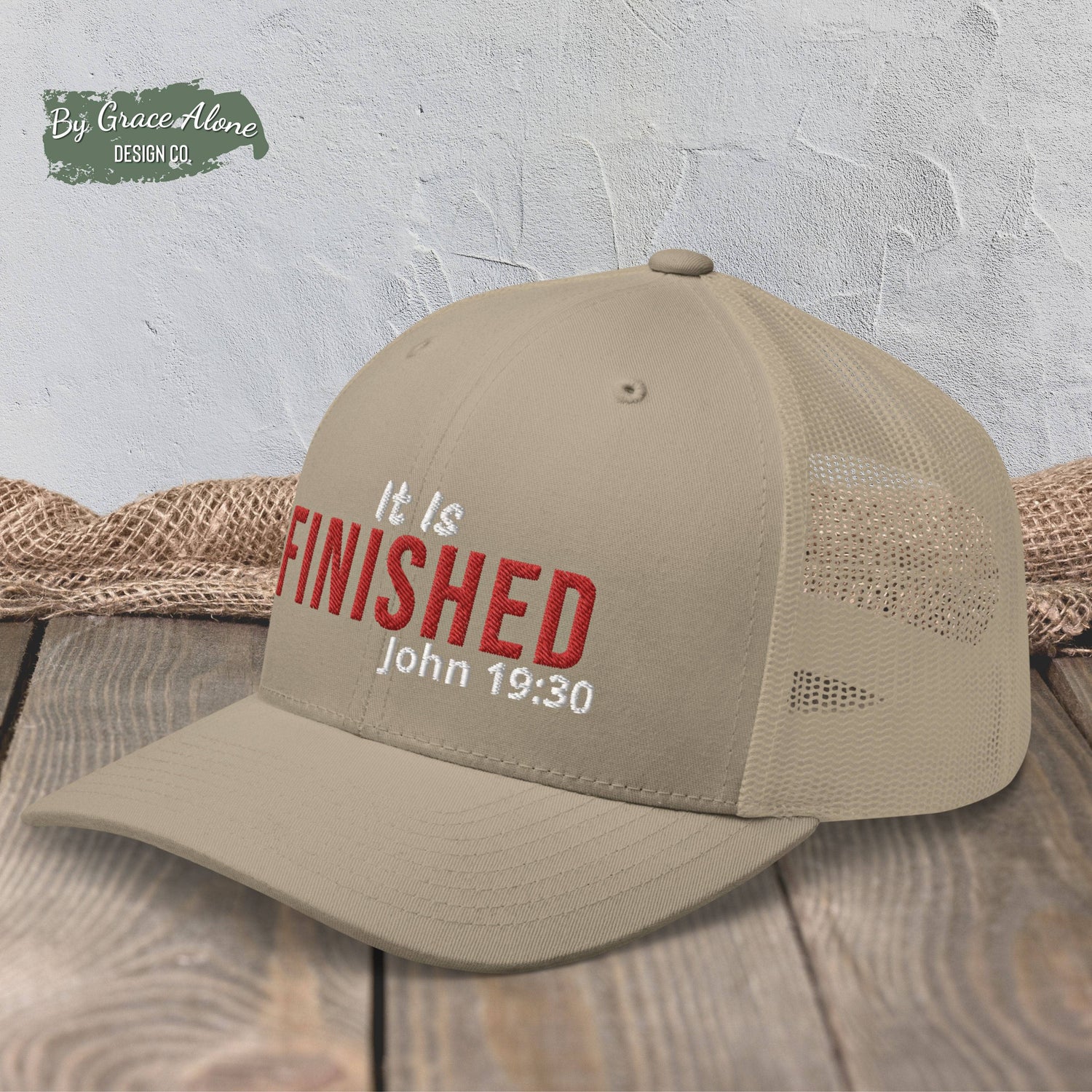 It Is Finished John 19:30 Trucker Hat Khaki