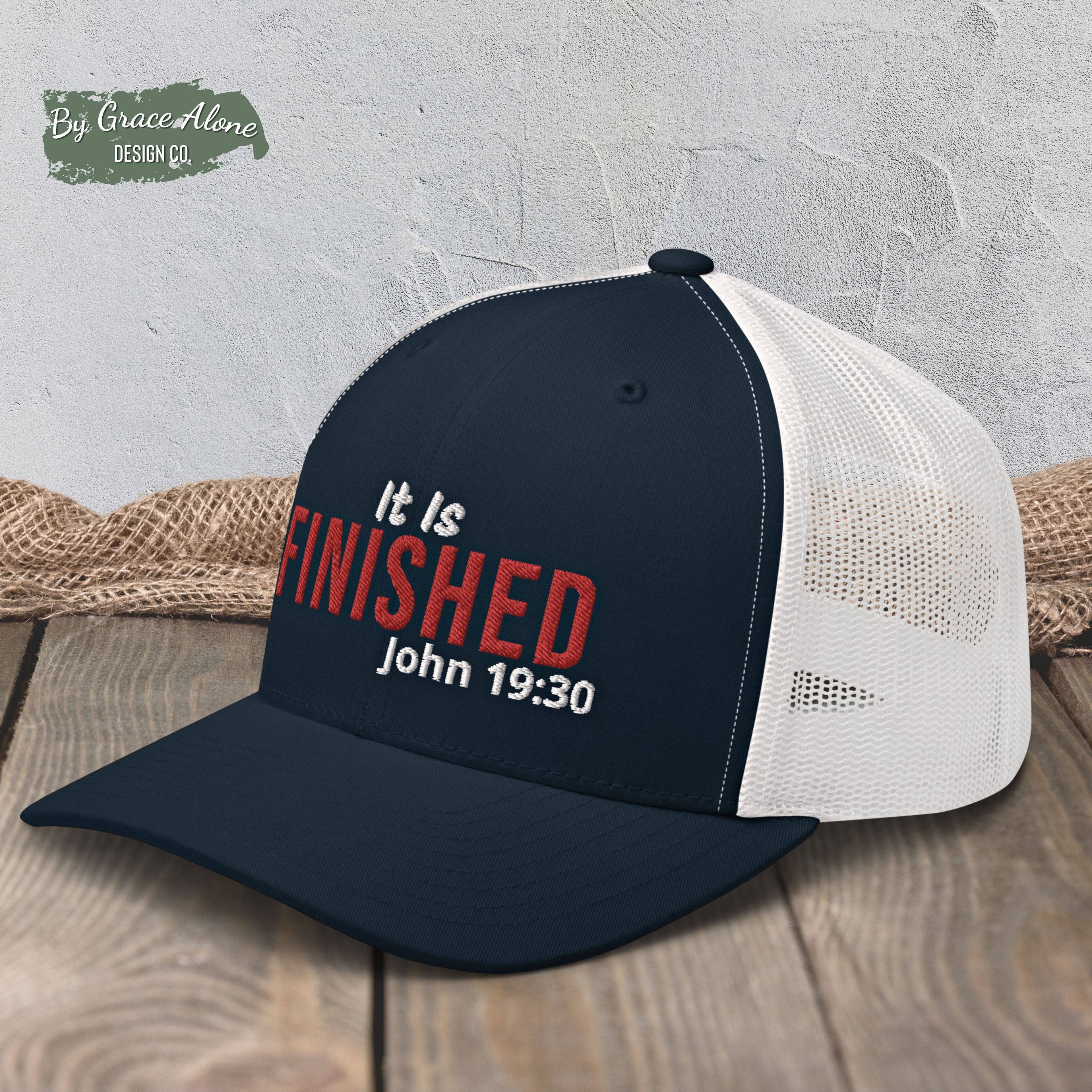 It Is Finished John 19:30 Trucker Hat Navy/ White