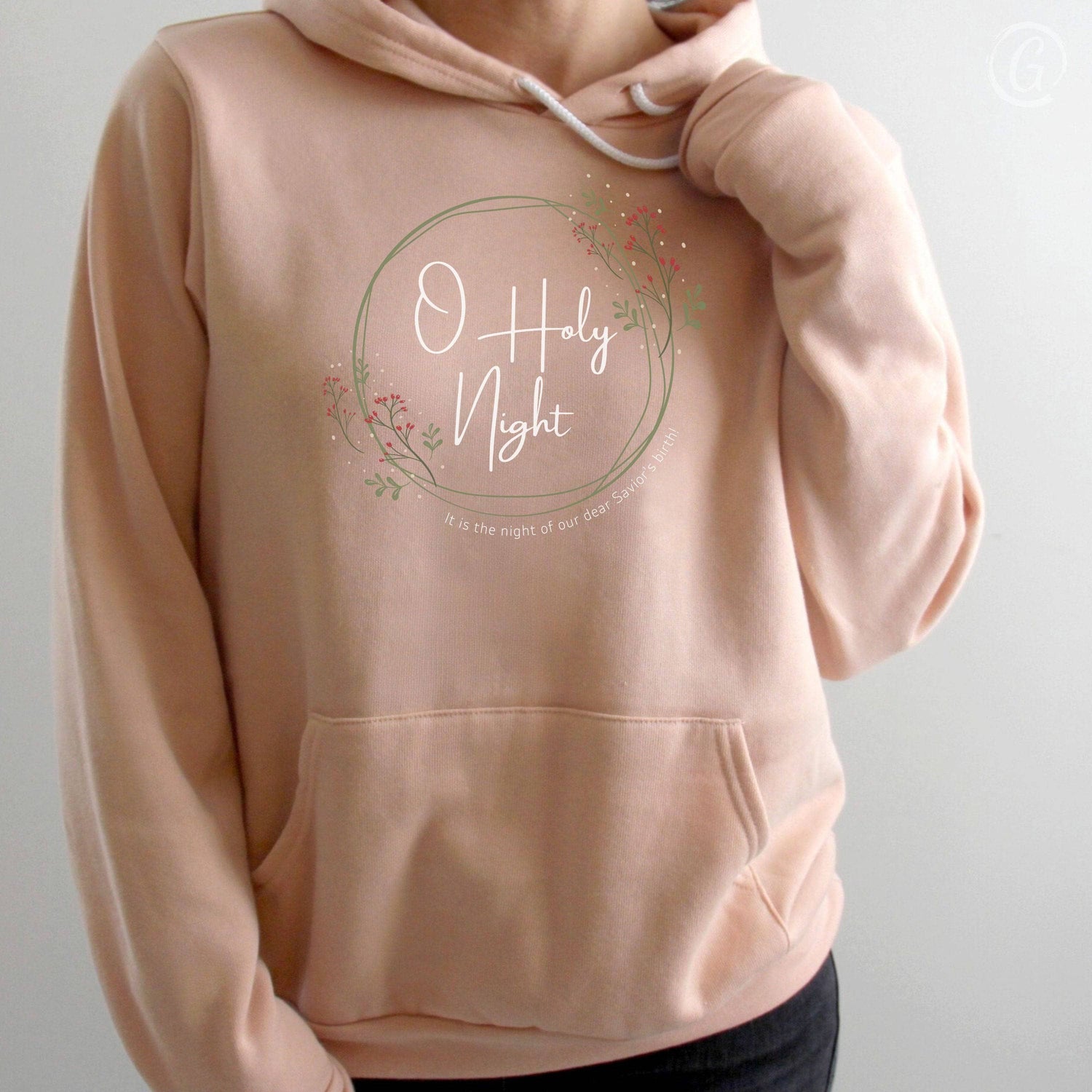 O Holy Night Berry Wreath Premium Unisex Pullover Hoodie Peach