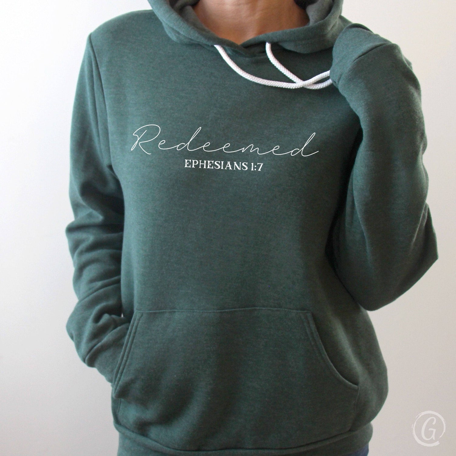 Redeemed Ephesians 1:7 Premium Unisex Pullover Hoodie Heather Forest