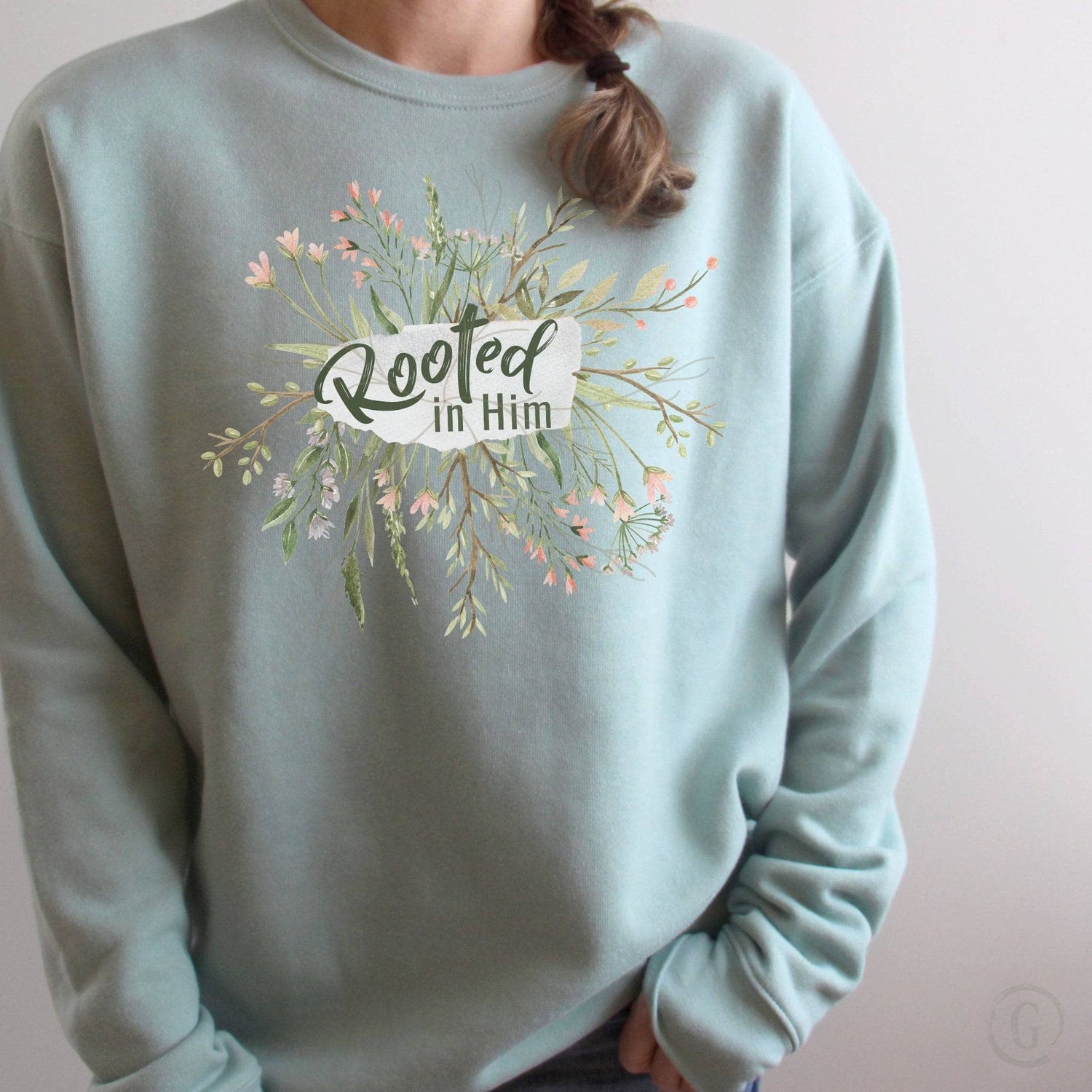 Rooted In Him Premium Unisex Sweatshirt Dusty Blue