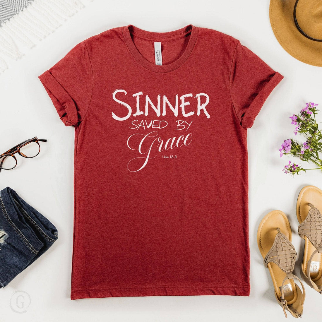 Sinner Saved By Grace 1 John 1:8-9 Unisex T-Shirt Heathers Heather Canvas Red