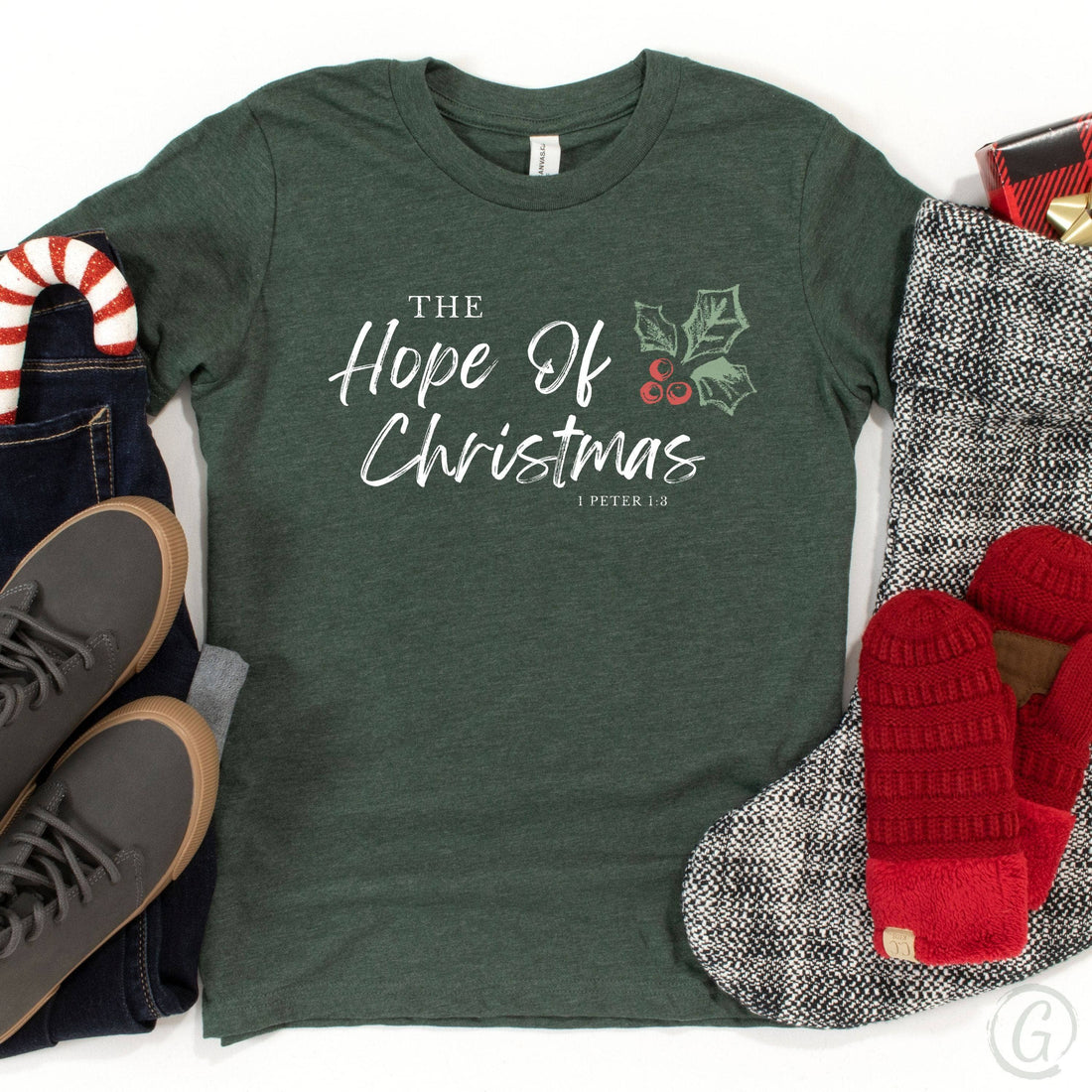 The Hope Of Christmas 1 Peter 1:8 Youth T-Shirt Heather Forest