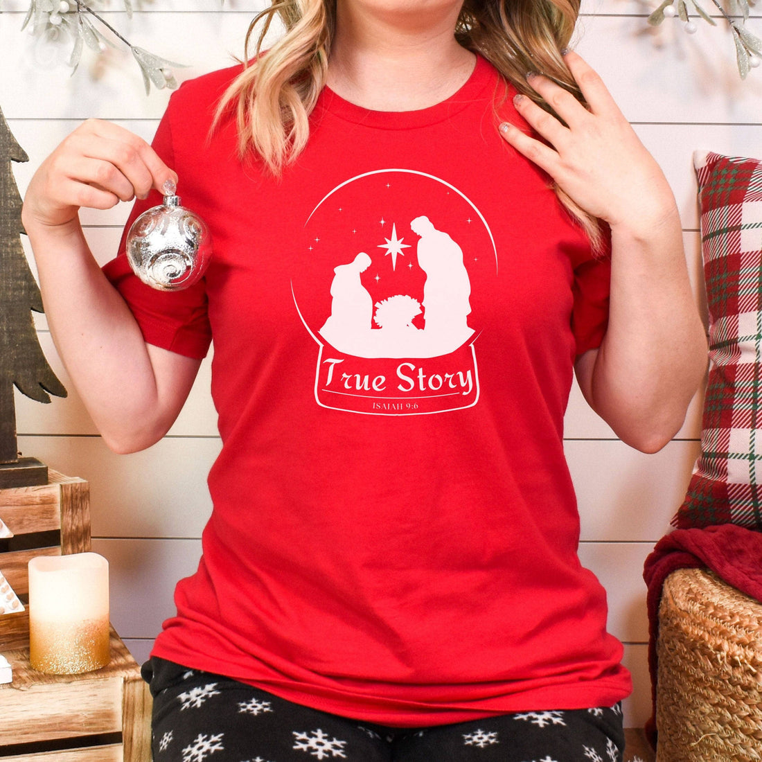 True Story Snow Globe Manger Scene Unisex T-Shirt Classics Red