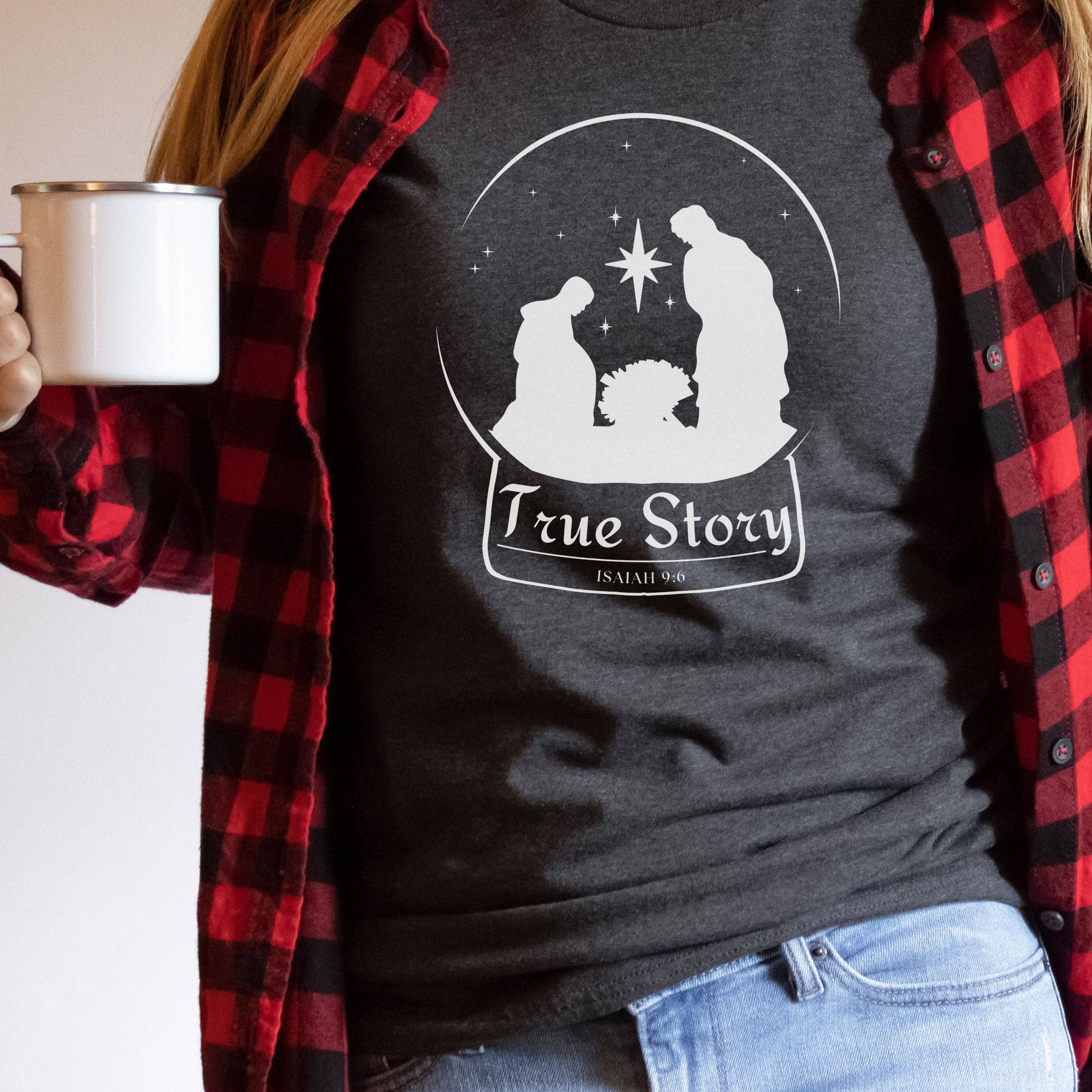 True Story Snow Globe Manger Scene Unisex T-Shirt Heathers Dark Grey Heather