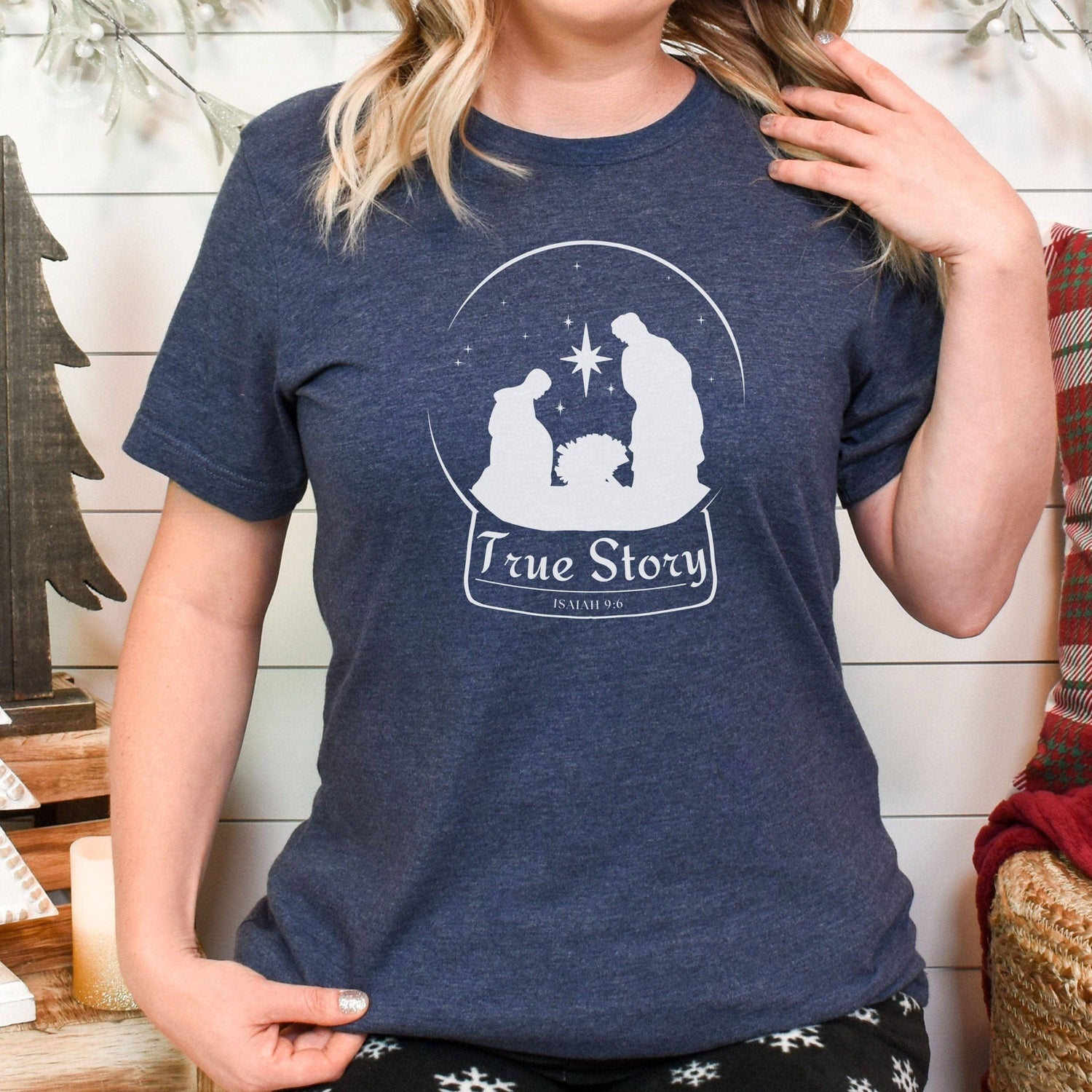 True Story Snow Globe Manger Scene Unisex T-Shirt Heathers Heather Navy